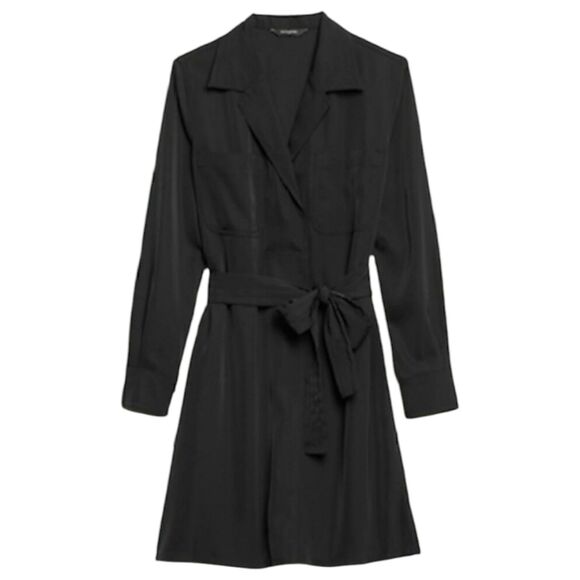 Banana Republic Shirt Dress Womens Medium Black Satin Twill Mini Tie Waist Shift - Picture 2 of 12